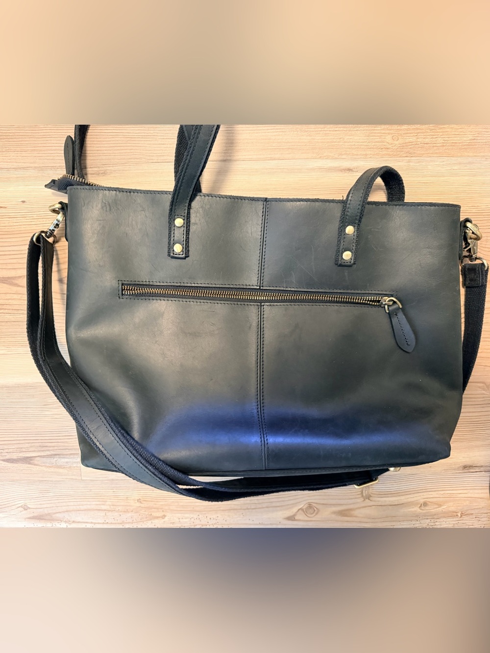 Black Leather Tote Bag with Front Zip Pocket